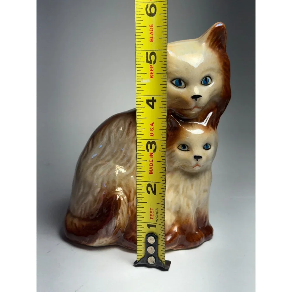 GF Brazil Ceramic Cat Figurine Mother & Kitten Brown Cream Glaze 6